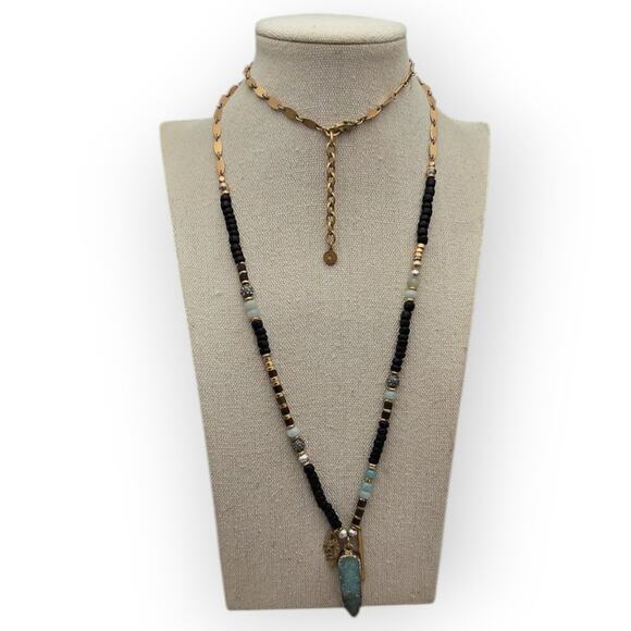 Gold & Black Beaded Green Druzy Pendant Stella & Dot Necklace - Picture 4 of 8